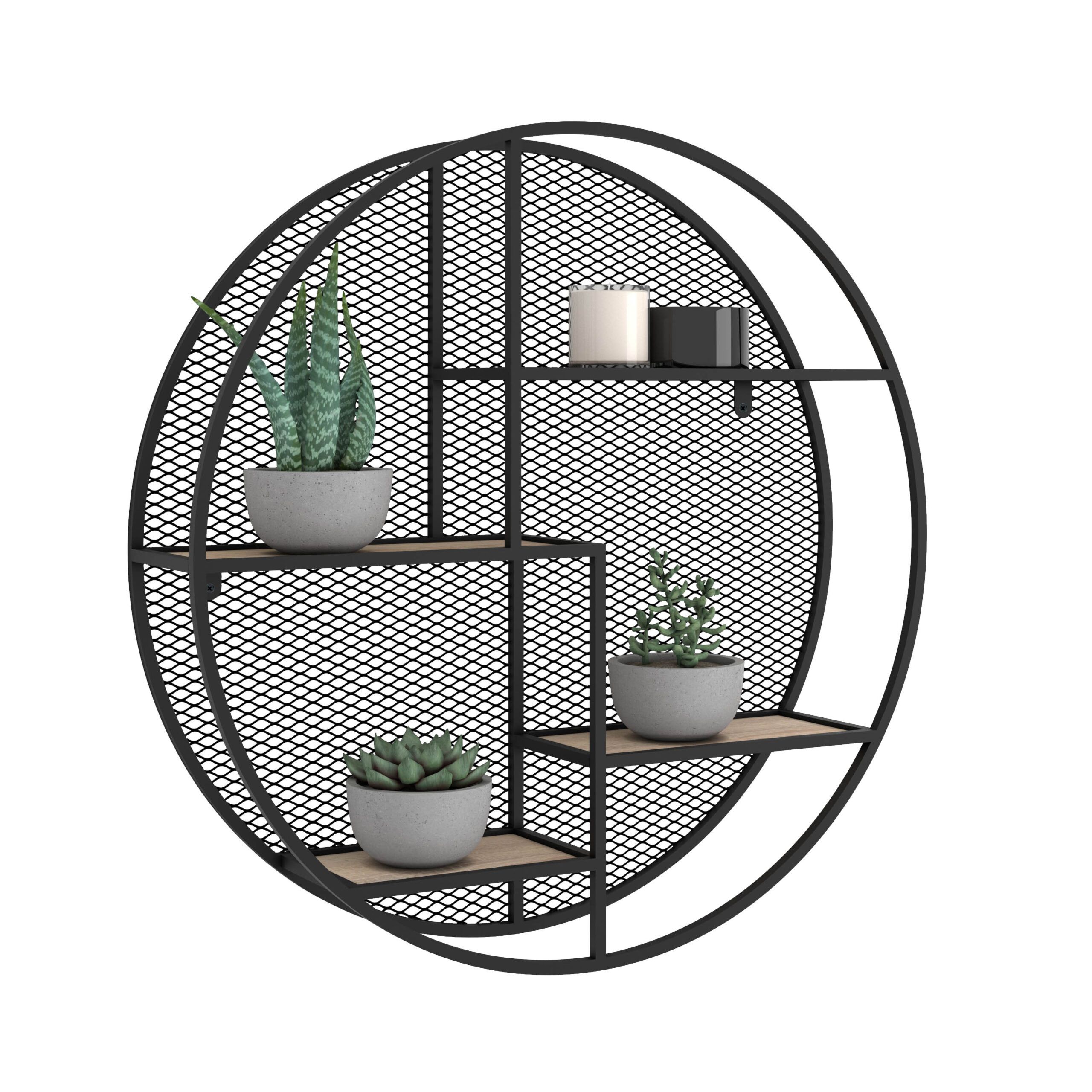 כוננית 4 מדפים מעוצבת עיגול עם רשת לתליה על קיר דגם יואב שחור