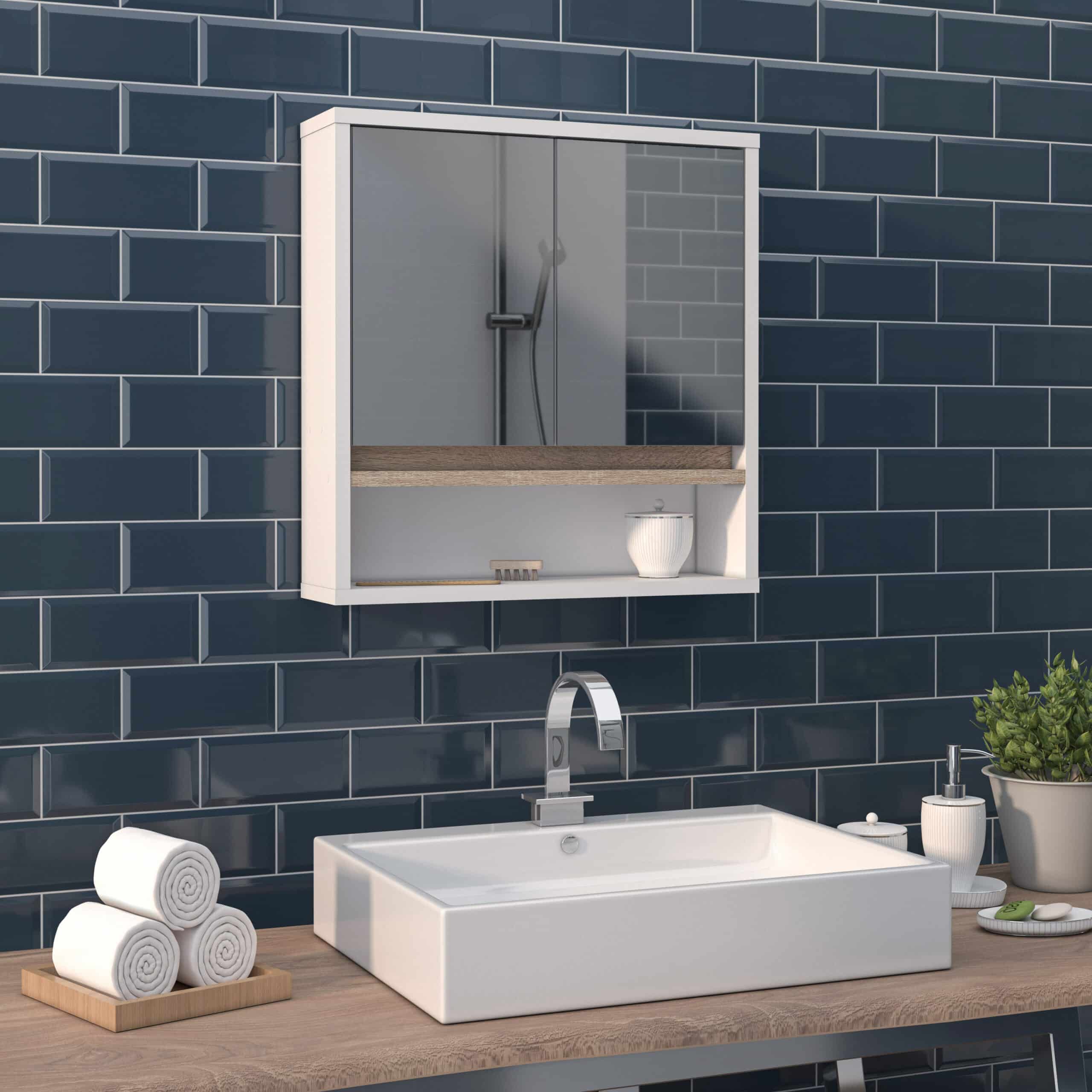 ארון מקלחת 2 דלתות מראה עם 3 מדפים ומדף 1 צר דגם נאור