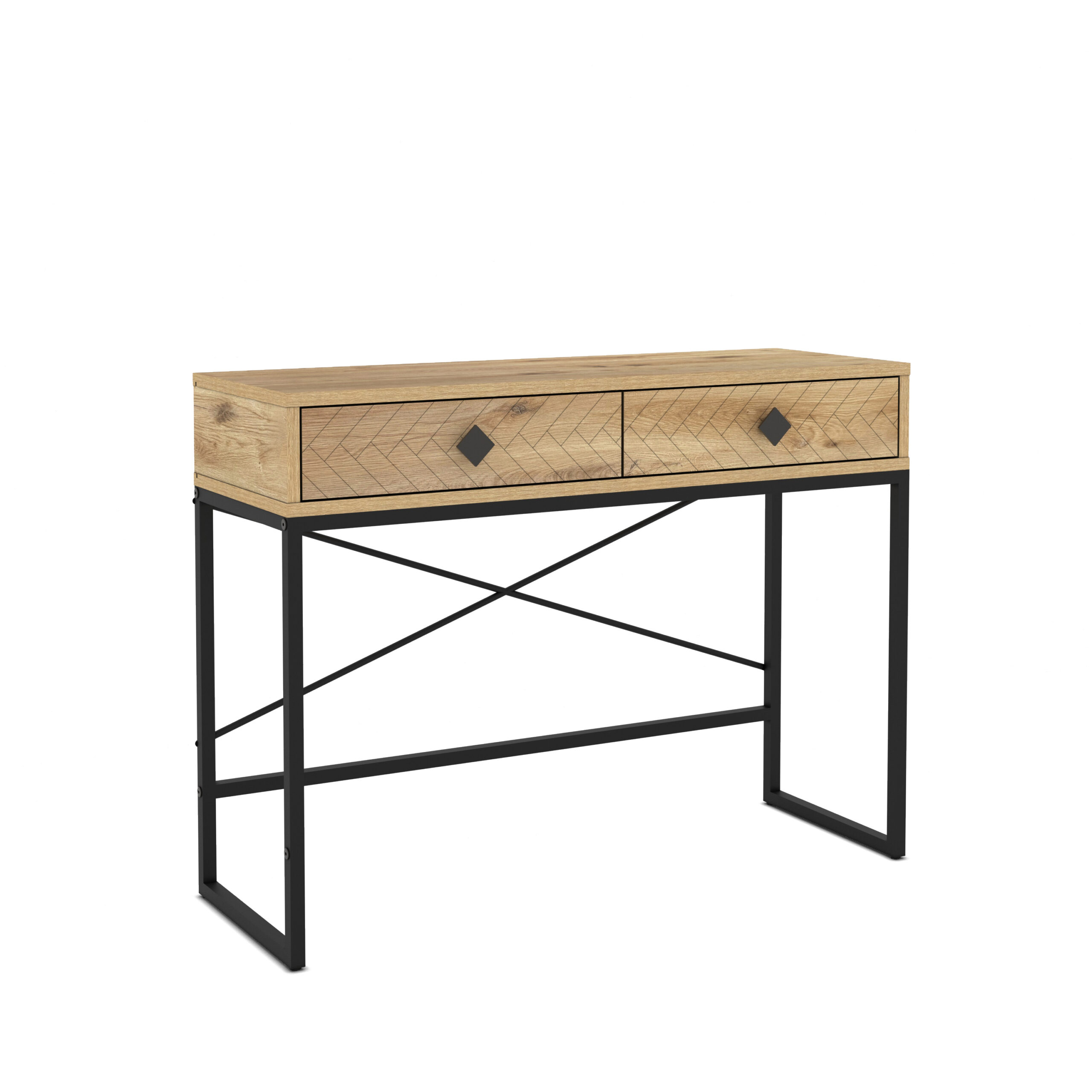 קונסולת כניסה למסדרון לבית מעוצבת עץ אלון ומתכת שחורה + 2 מגירות דגם אמילי