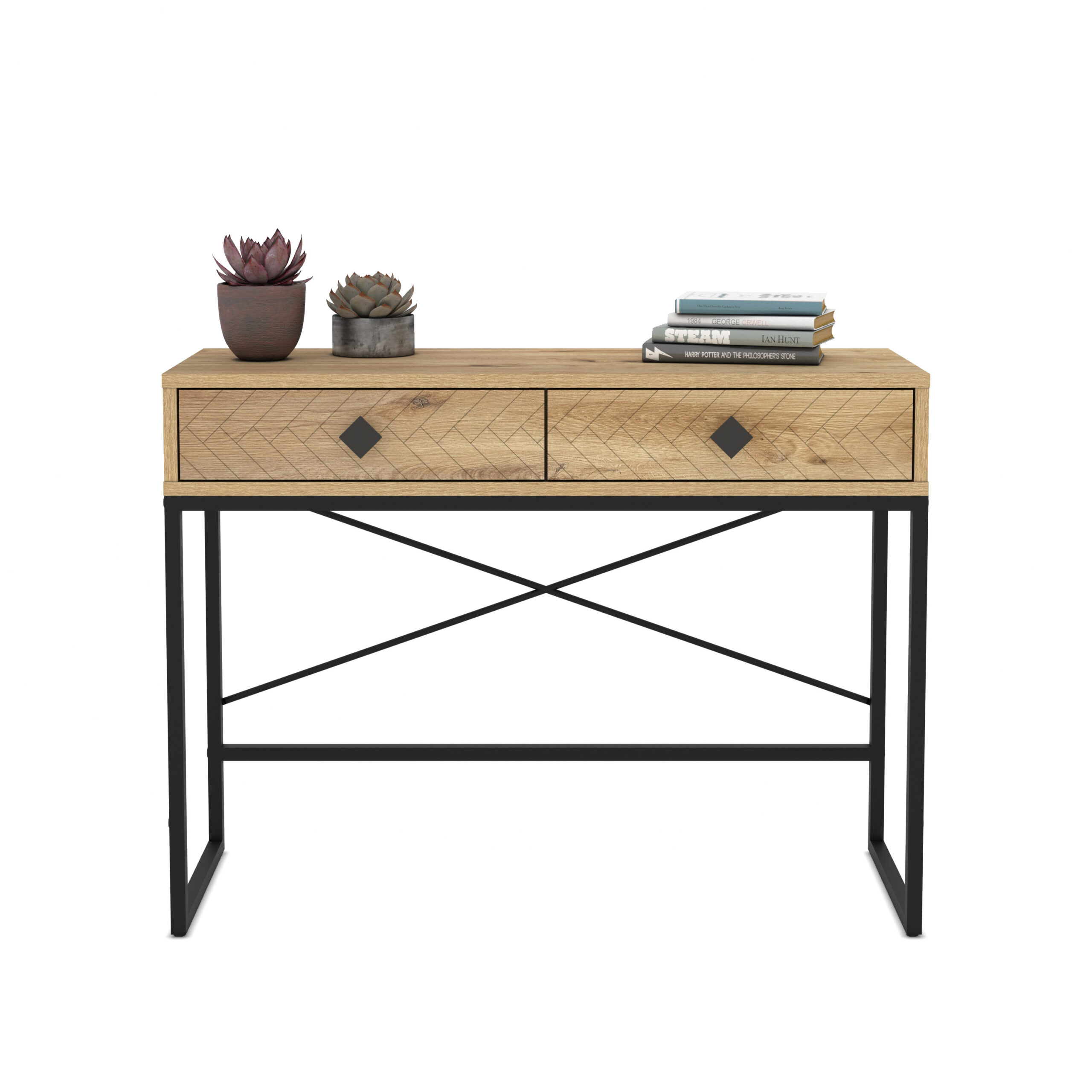 קונסולת כניסה למסדרון לבית מעוצבת עץ אלון ומתכת שחורה + 2 מגירות דגם אמילי