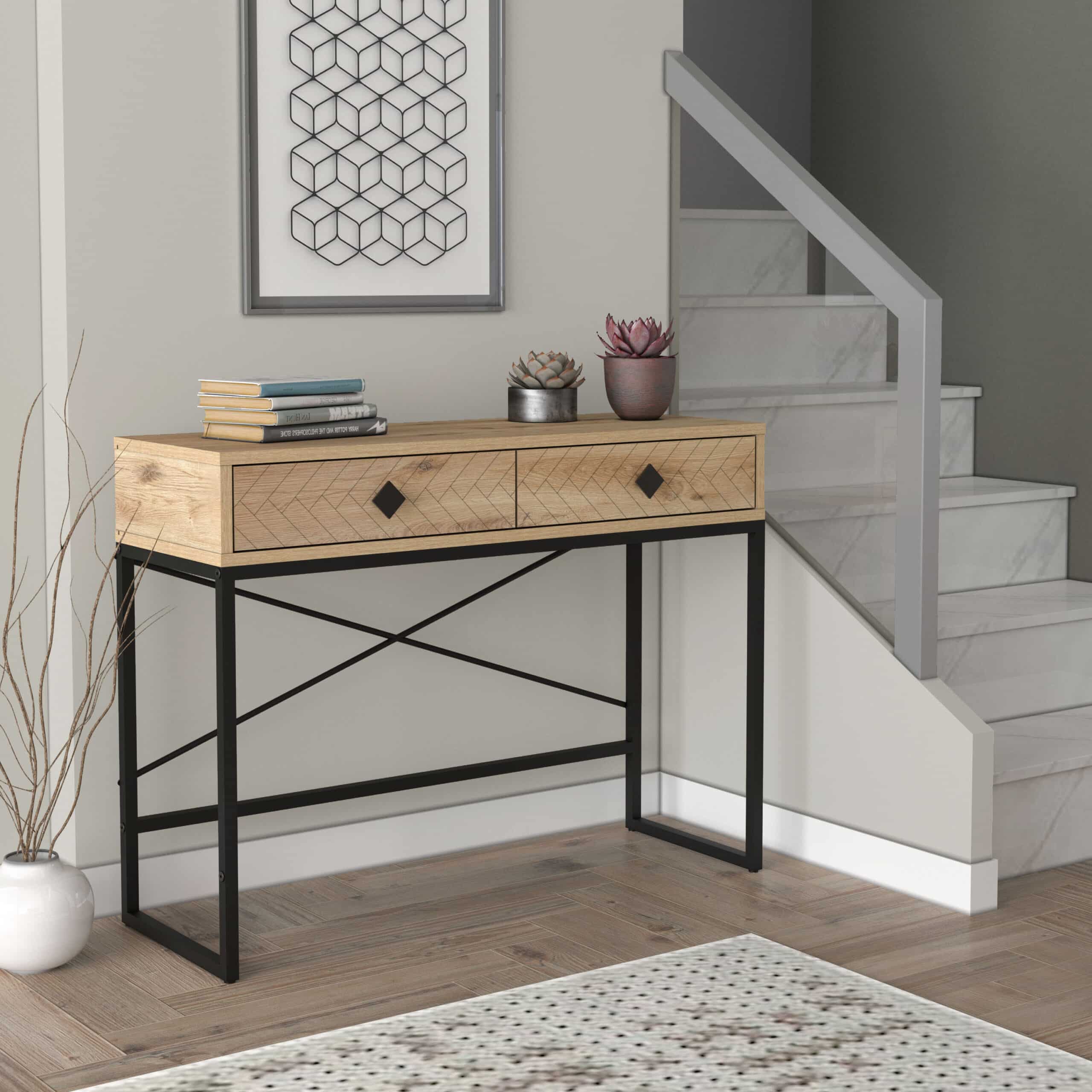 קונסולת כניסה למסדרון לבית מעוצבת עץ אלון ומתכת שחורה + 2 מגירות דגם אמילי