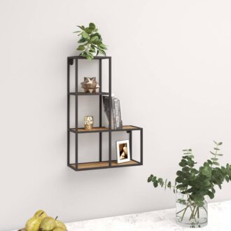 כוננית 4 מדפים מעוצבת כוורת לתליה על קיר דגם איתן צבע שחור עם אגוז