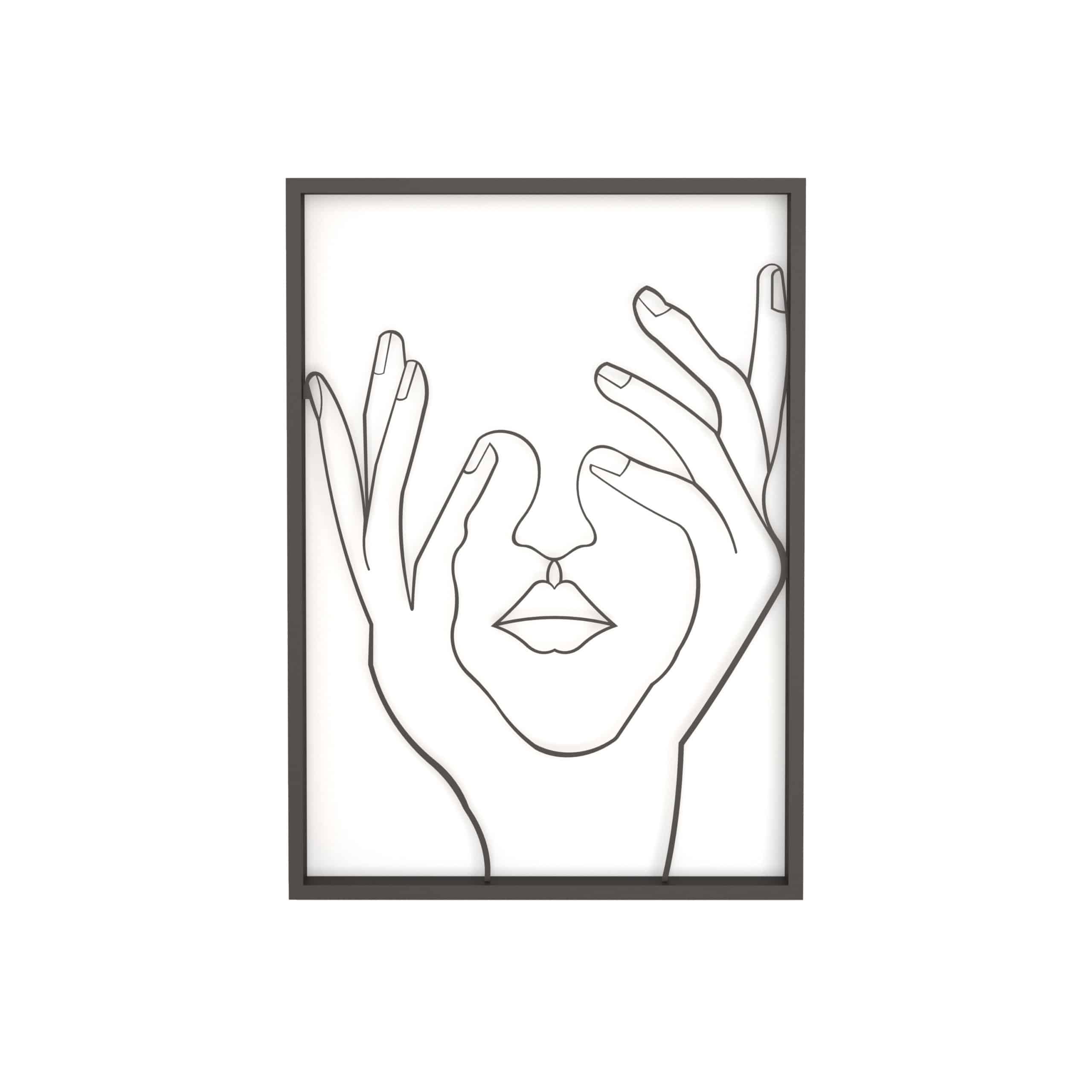 תמונה ממתכת בעיצוב פני אישה עם ידיים בצבע שחור עם מסגרת שחורה 50*70 ס''מ