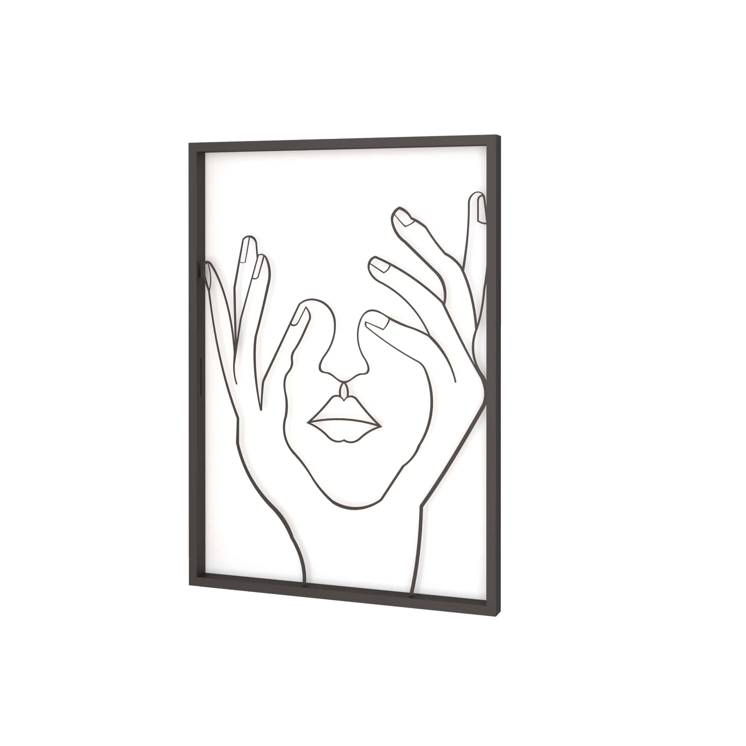 תמונה ממתכת בעיצוב פני אישה עם ידיים בצבע שחור עם מסגרת שחורה 50*70 ס''מ
