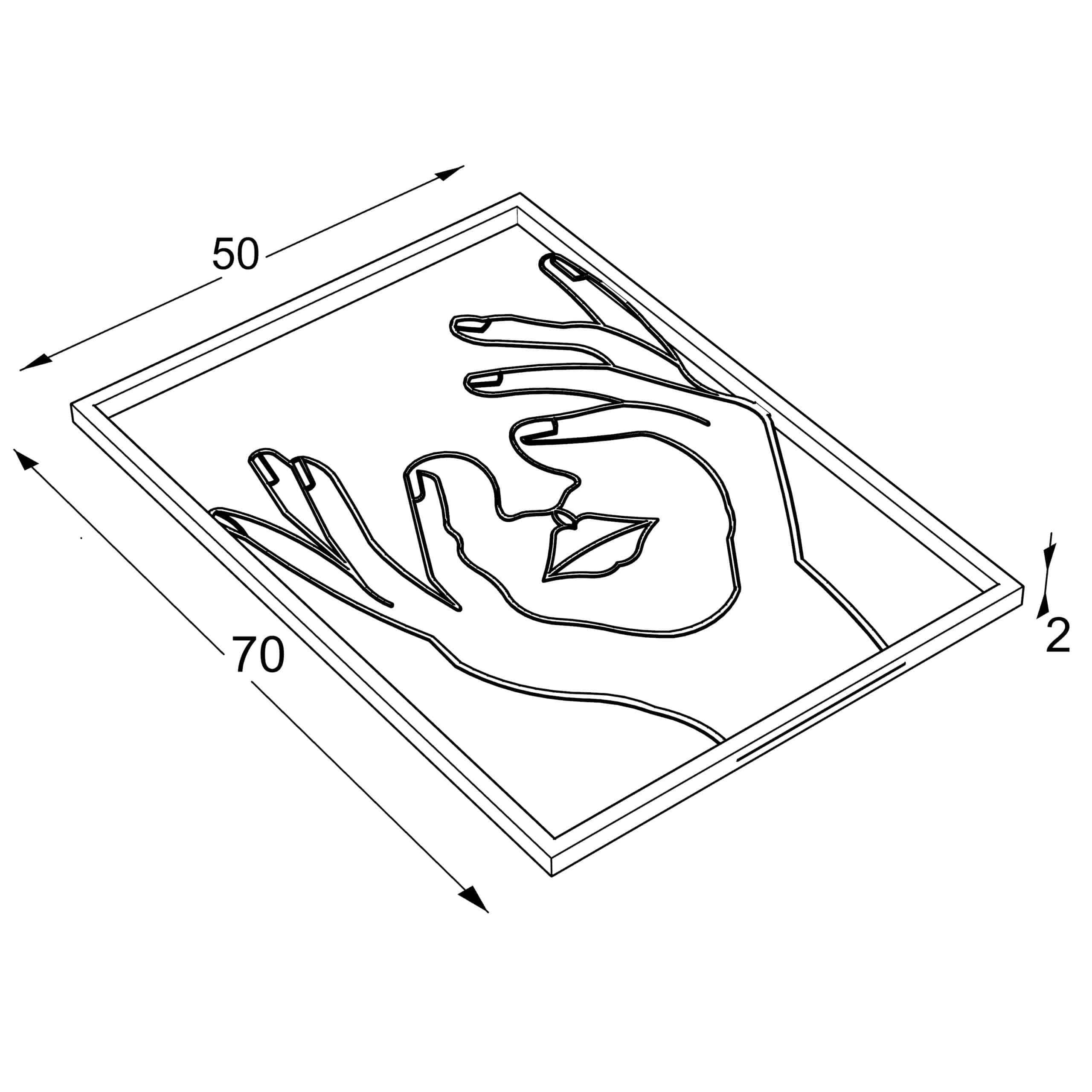 תמונה ממתכת בעיצוב פני אישה עם ידיים בצבע שחור עם מסגרת שחורה 50*70 ס''מ