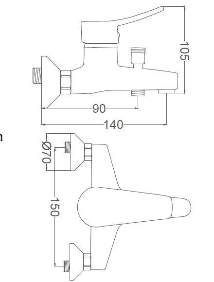 סוללת ברז קיר עם פיה תחתונה קצרה וחיבור לצינור מקלח יד